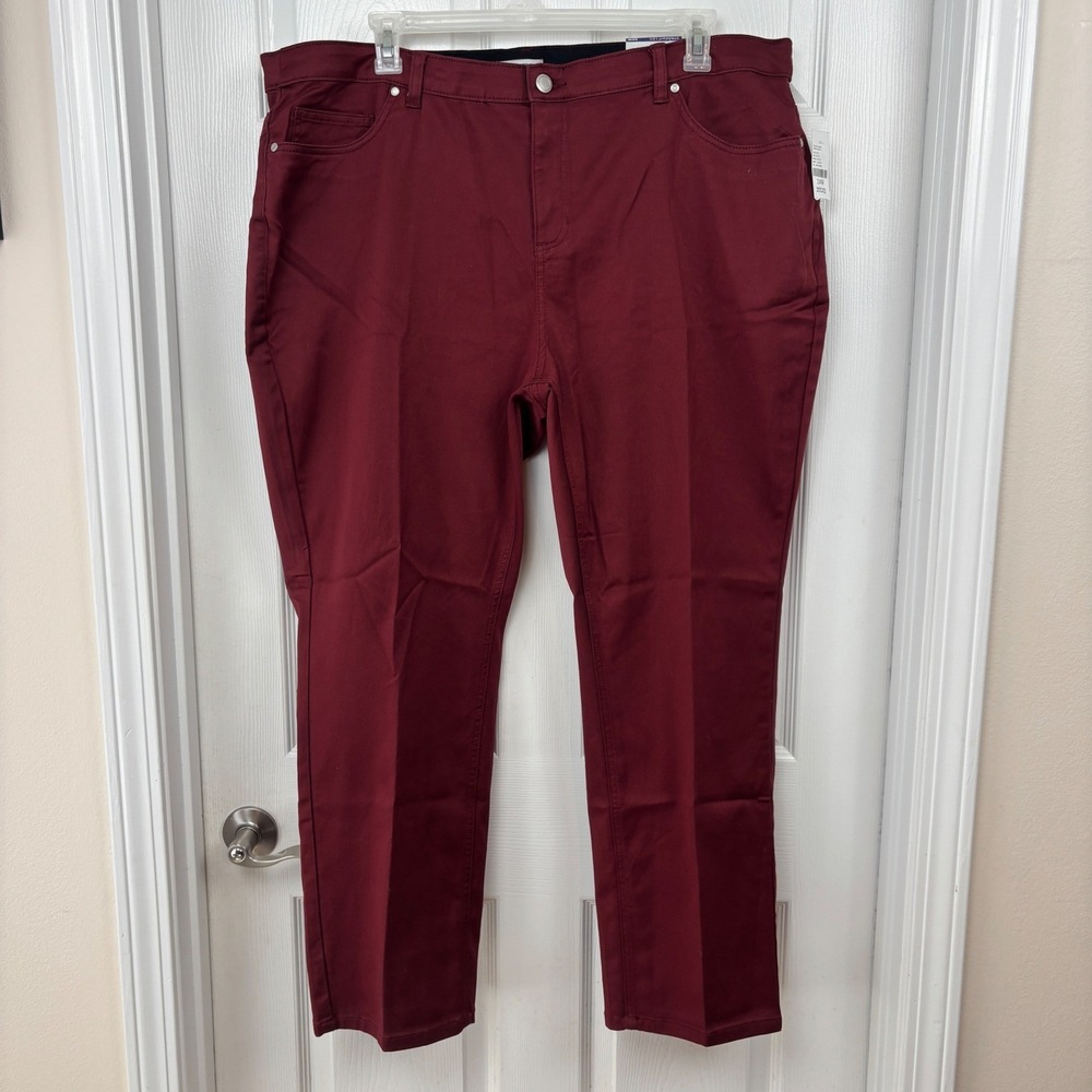 Catherines Sateen Stretch Comfort Waist Straight Leg Pants Burgundy 24W NEW